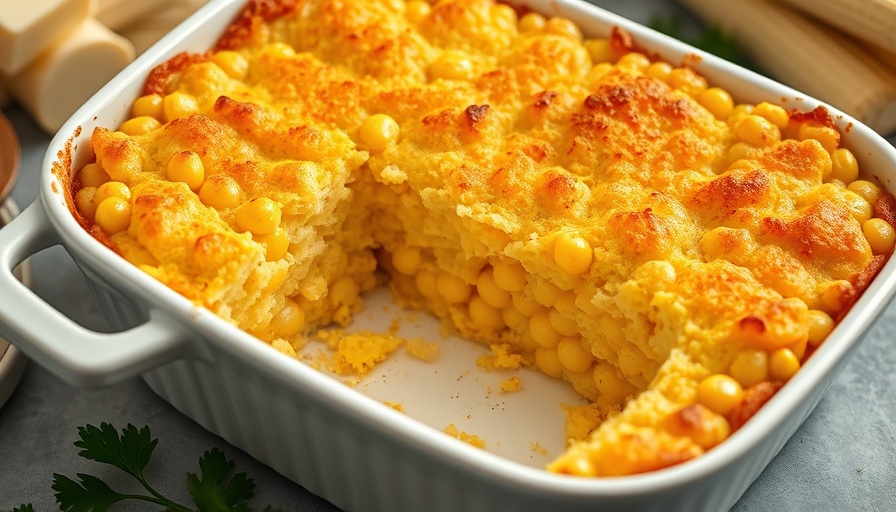 Freshly baked corn casserole in a white dish, corn casserole recipe.