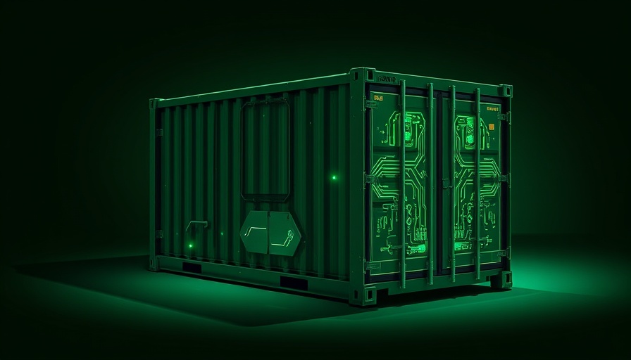 Futuristic shipping container with tech design elements, global tech supply chains theme.