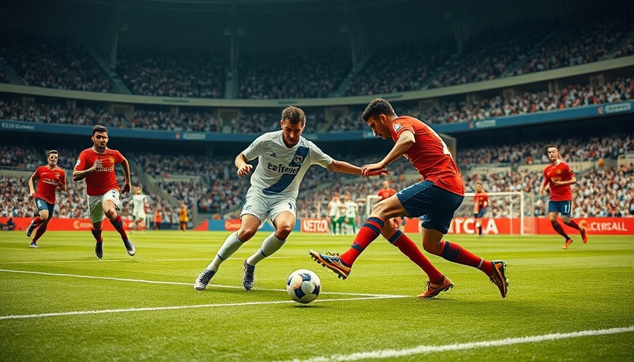 Dynamic soccer match in UK stadium showcasing intense player action.