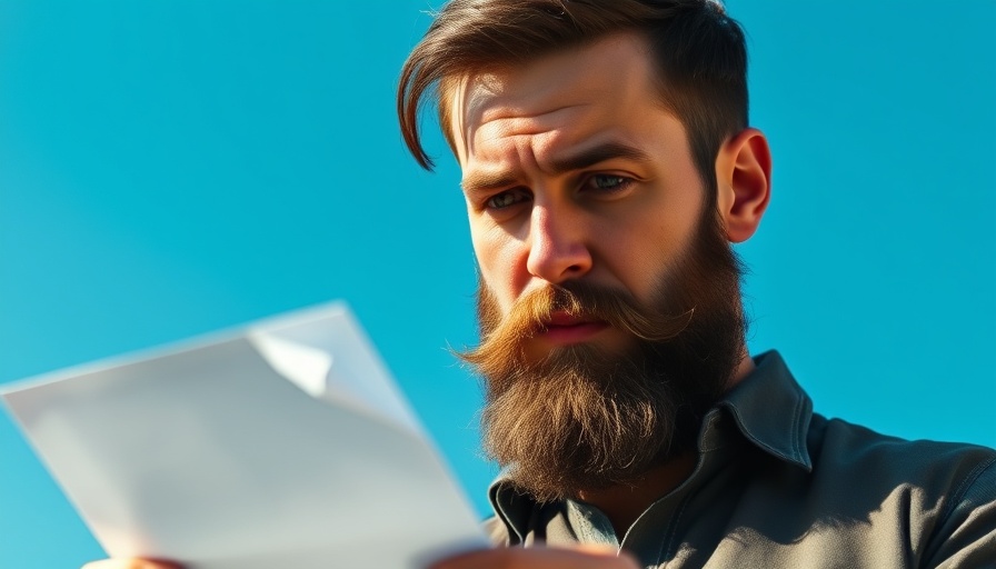 Focused bearded man inspecting paper under bright sunlight.