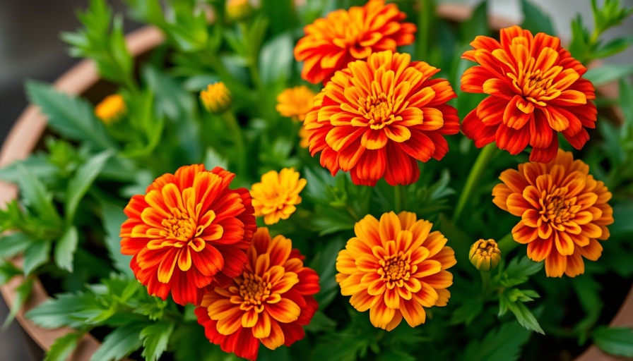 Bright marigolds in container garden, lush and colorful.
