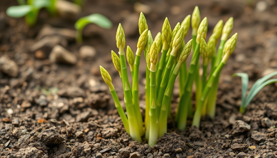 Young green asparagus growing in garden soil - gardening tips.