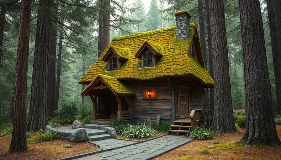 Charming woodland cottage with mossy roof, cottagecore aesthetic real estate.