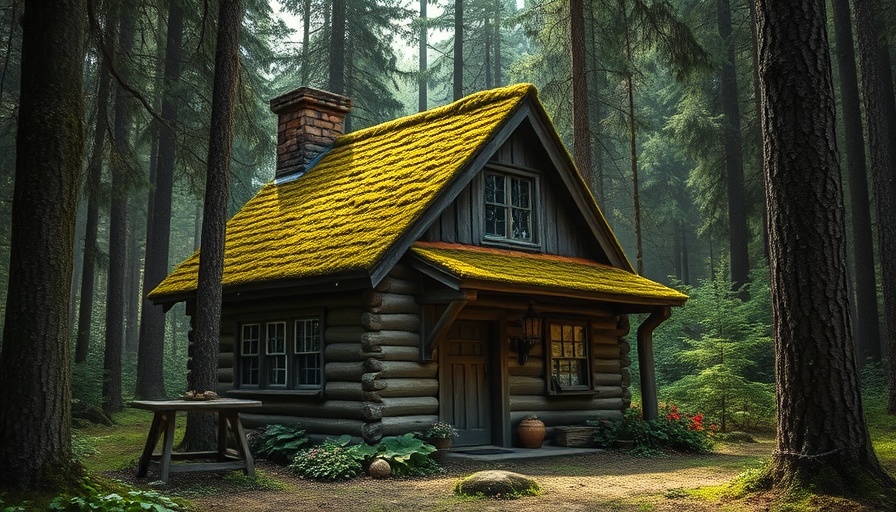 Cottagecore Aesthetic Tips: Rustic cottage with moss roof in a lush forest.