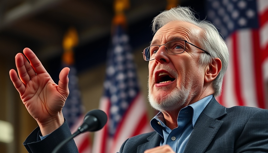 Older man delivering a speech in front of American flags.