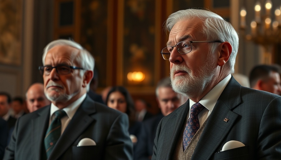 Distinguished men discuss autism research controversy at formal event.