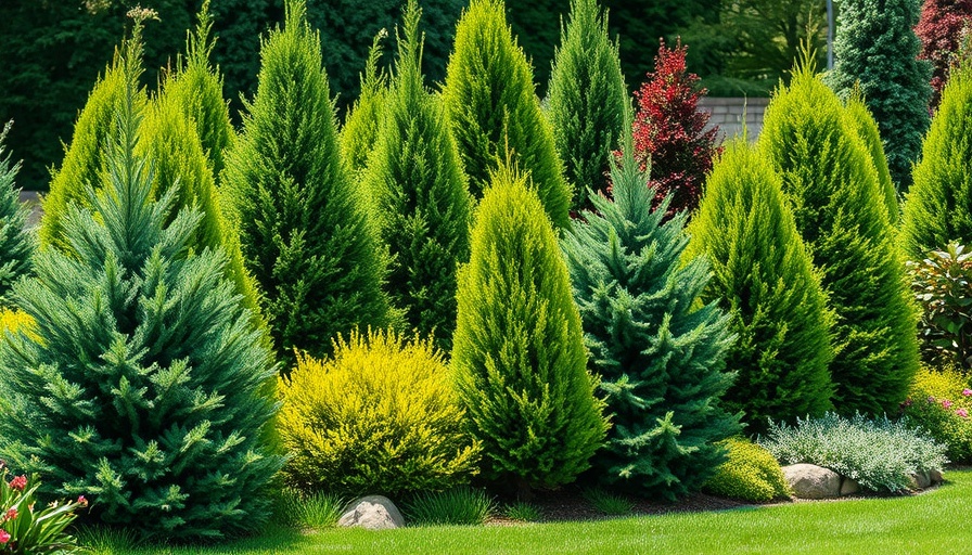 Diverse conifer garden showcasing species in sunlight, landscape.