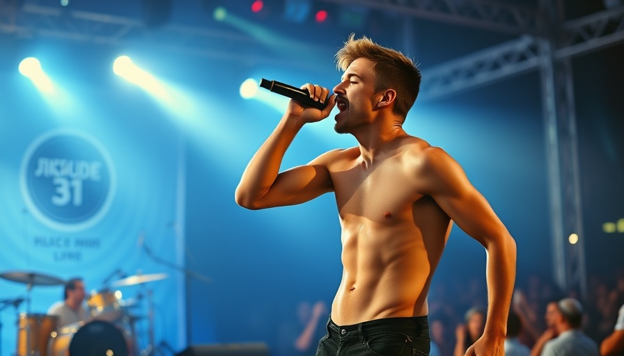 Shirtless performer singing at Coachella 2025 festival.