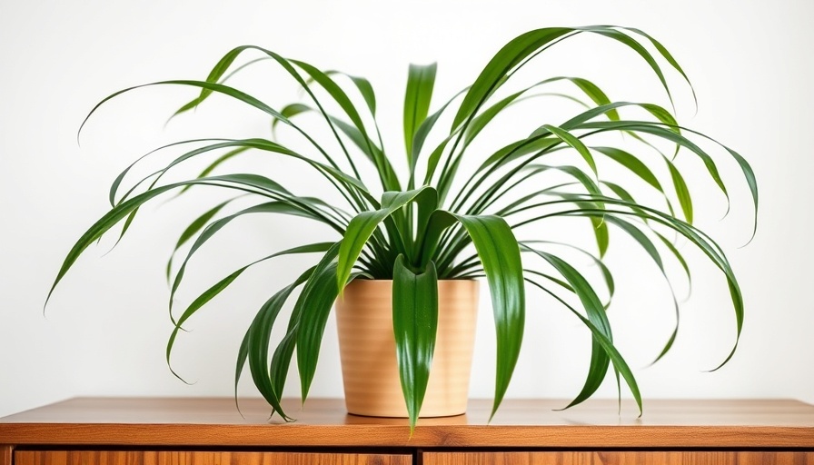 Spider plants care - Green spider plant in beige pot on wooden cabinet.