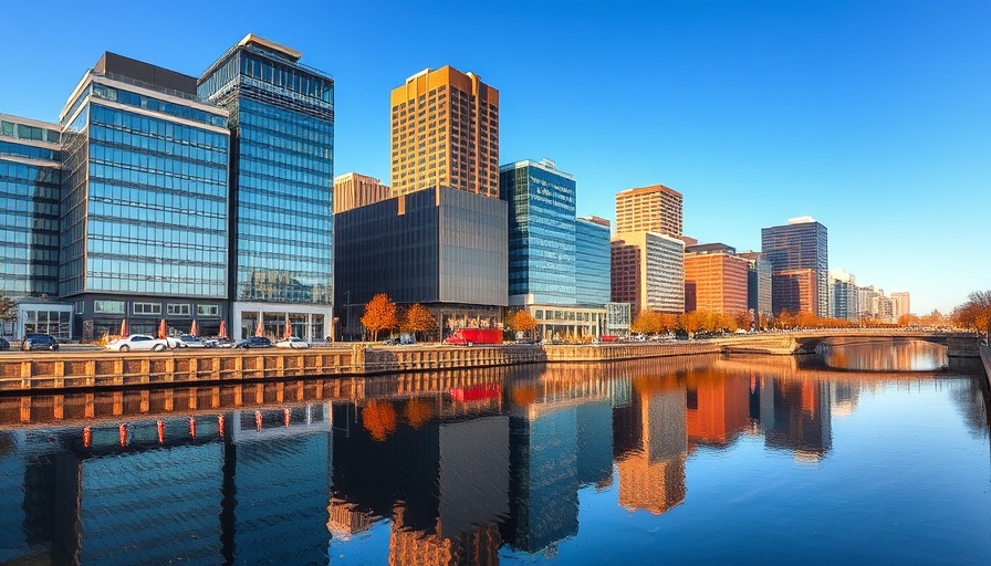 Connecticut cityscape reflecting on river, vibrant autumn colors.