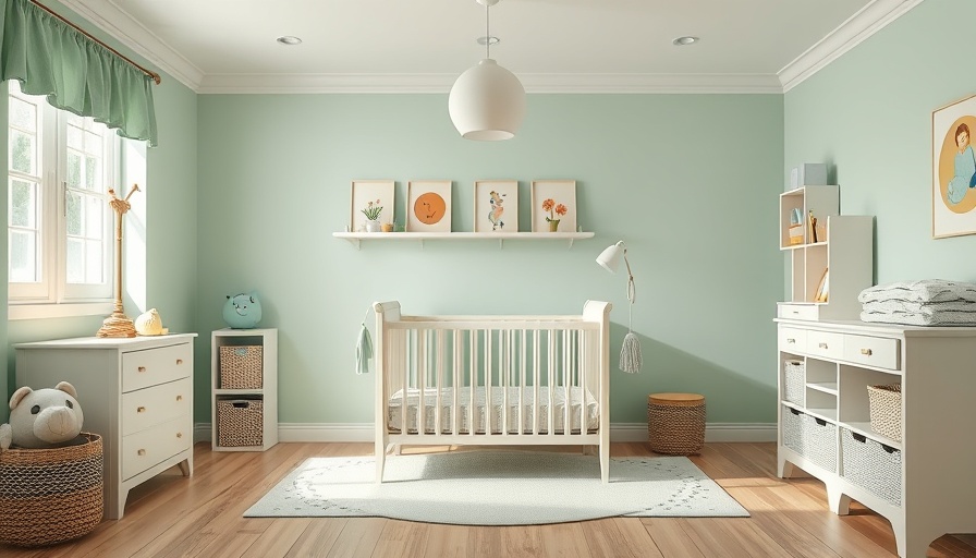 Pastel green nursery with effective organization ideas featuring a crib.