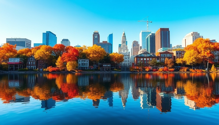Connecticut urban skyline with fall foliage reflecting in water