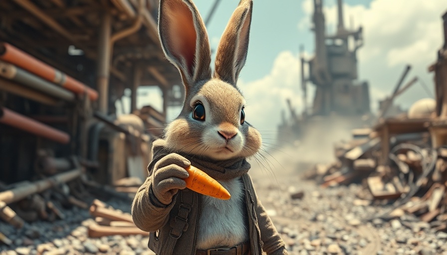 Rusty Rabbit stands confidently in a post-apocalyptic setting.