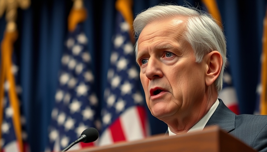 Distinguished man speaking at podium with American flags backdrop