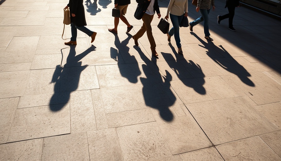 Shadows of people walking on pavement with dynamic silhouettes.