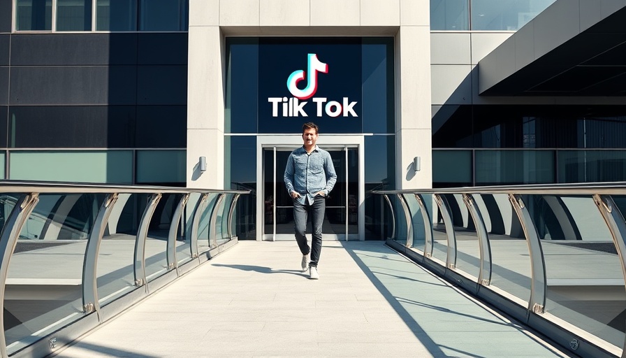 Man walks towards a modern TikTok building entrance, urban setting.