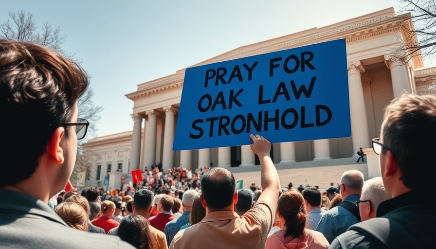 Protest scene outside government building, clear sky, man with sign.
