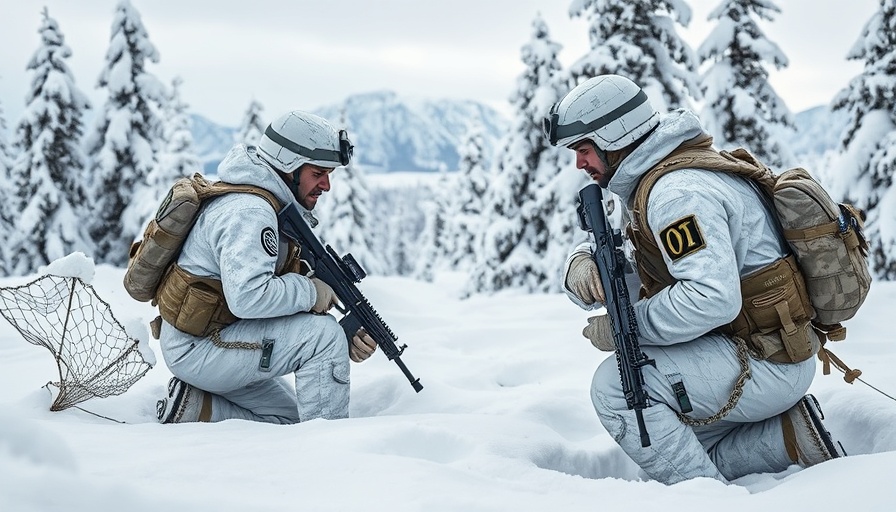 UK Arctic military position expansion with two camouflaged soldiers in snow