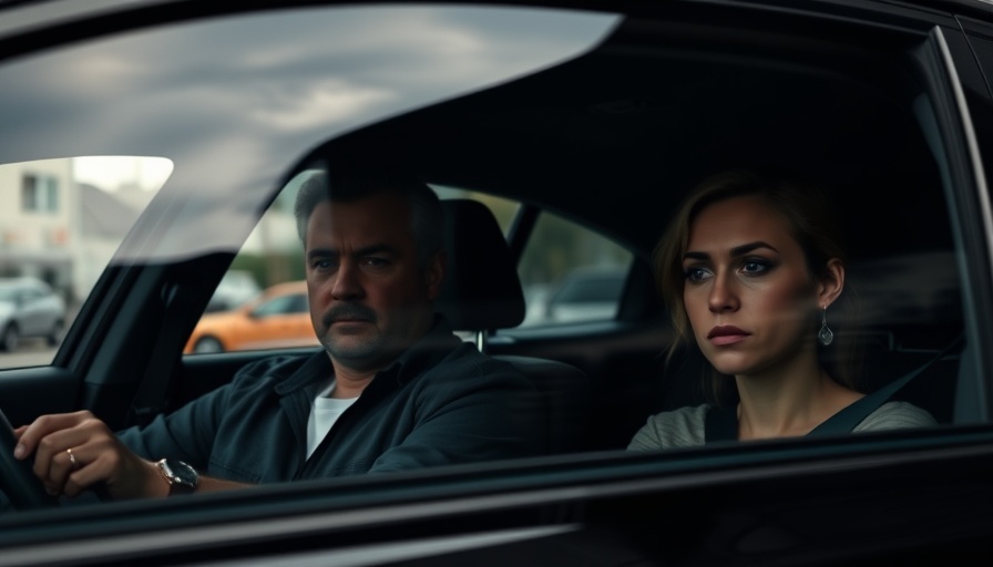 Individuals in car with serious expressions, reflecting trial implications.