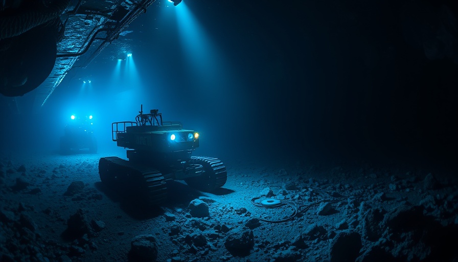 Robotic vehicle in a deep-sea environment conducting a mining operation.
