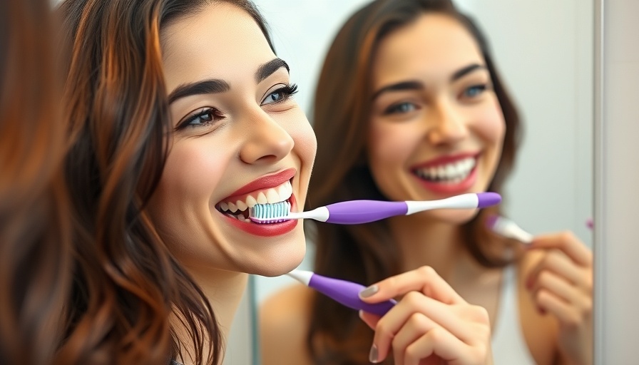 Smiling woman brushing teeth in a clean bathroom.