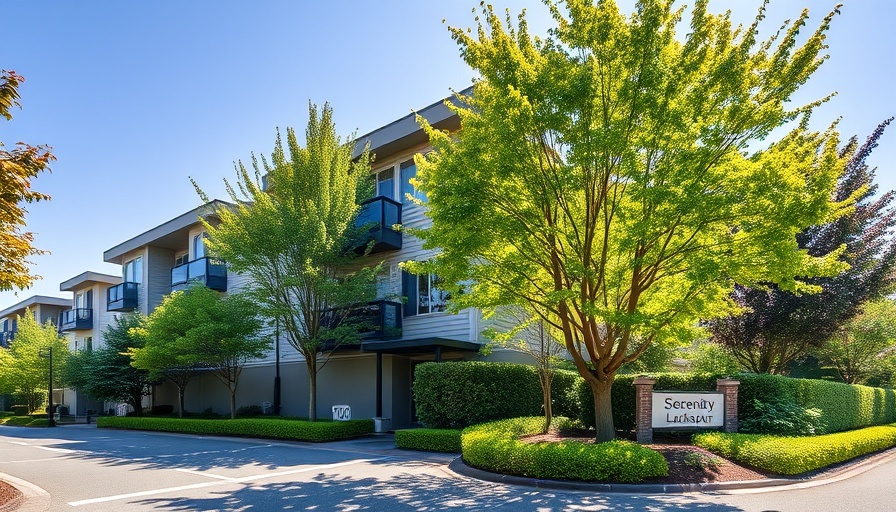 Modern residential building labeled 'Serenity Larkspur' in leafy setting.