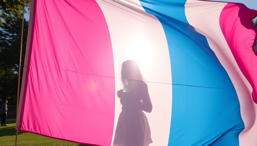 Transgender pride flag with silhouette, soft light, outdoor scene.