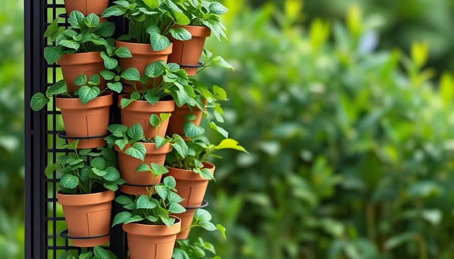 Lush vertical garden with stacked pots in natural setting