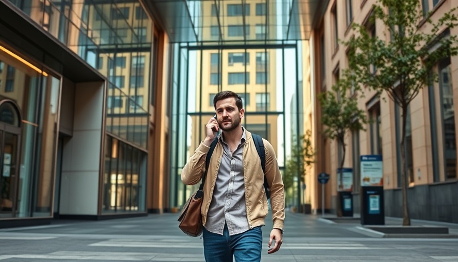 Young man on phone outside office building, urban setting.