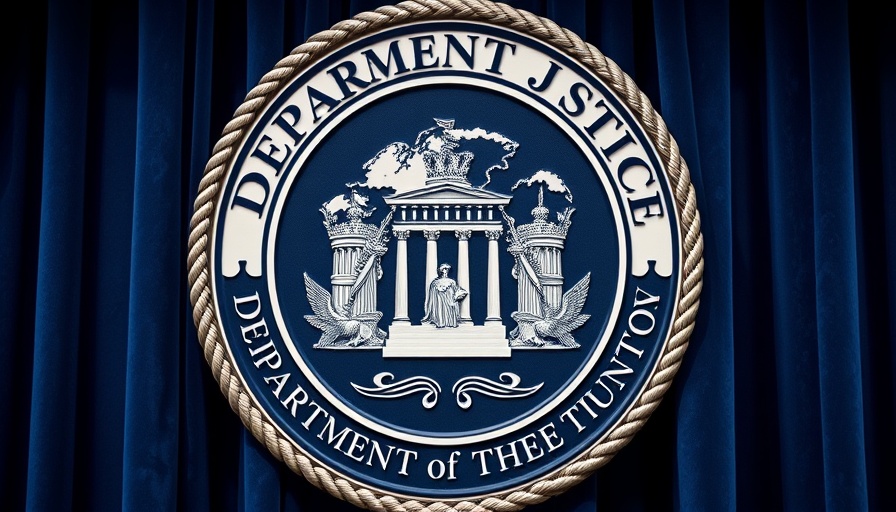 Department of Justice seal, dark blue backdrop.