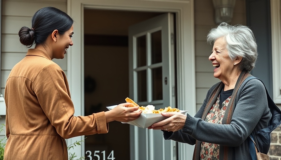 Volunteer delivers meal to smiling elderly woman, highlighting Meals on Wheels funding cuts.