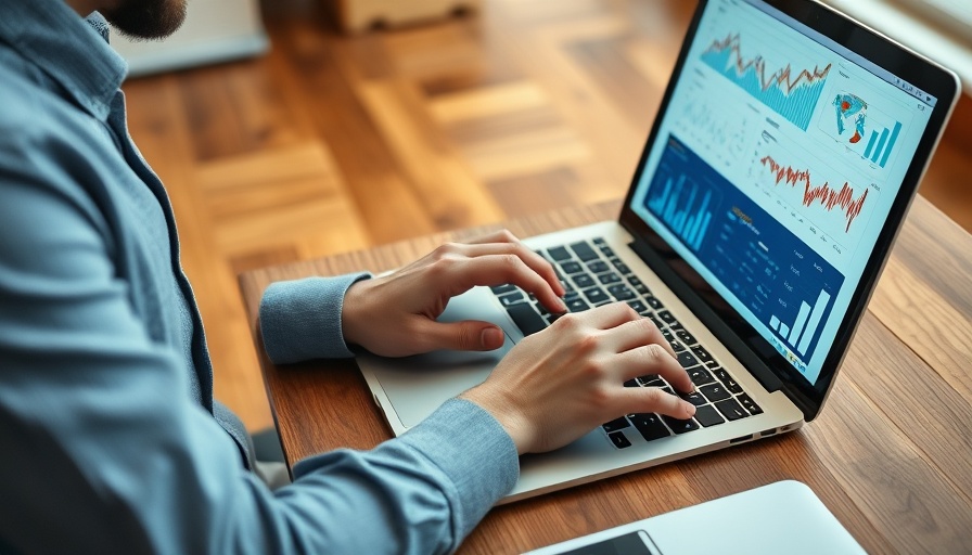 Professional analyzing data on a laptop in office setting.