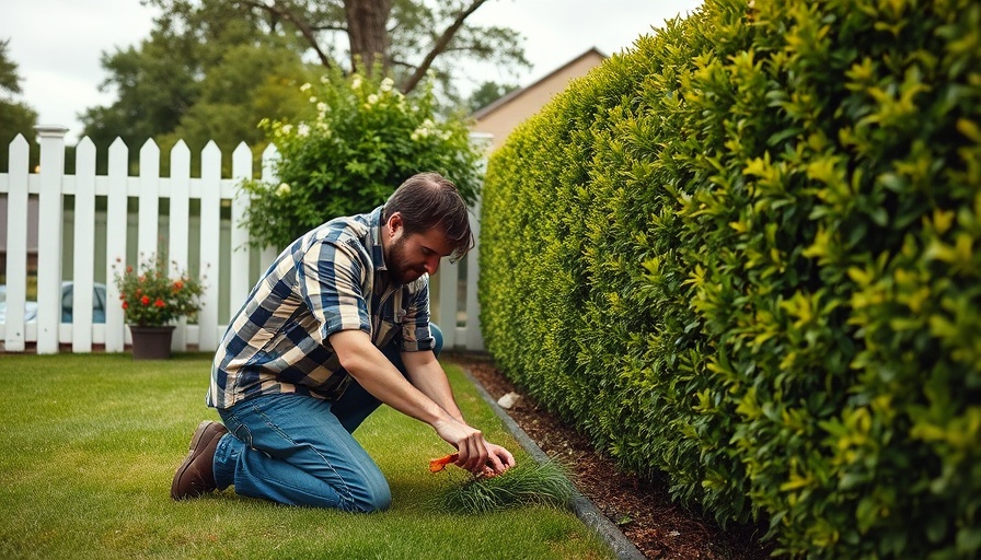 Gardener tending hedge in backyard, sustainable gardening practices.