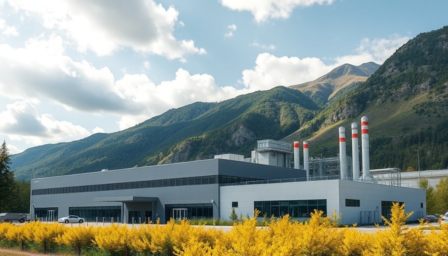 Industrial facility with mountainous backdrop under cloudy sky.