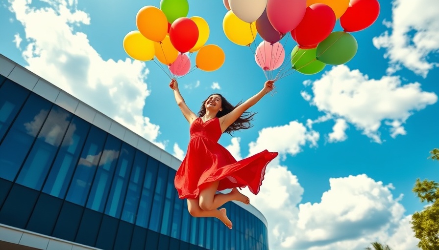 Joyful woman taking a mental health leave from work, floating with balloons.