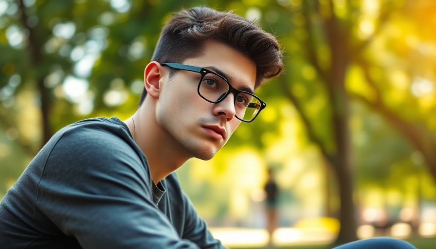Thoughtful young man in park, sunlight through trees, lifelike.