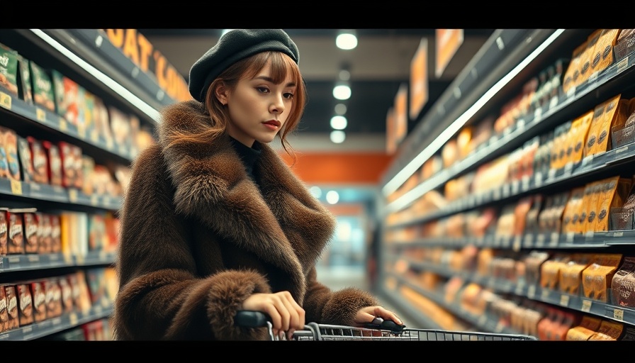 Shopper in fur coat browsing chocolate aisle, Tony's Chocolonely marketing success.