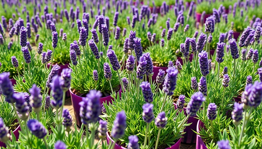Young lavender plants in purple pots, outdoor garden setting.