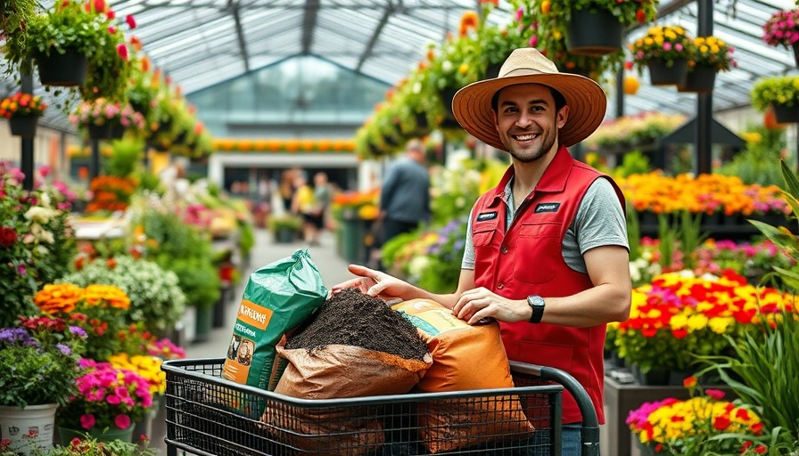 Store employee presenting gardening products at a vibrant garden center.