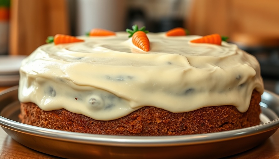 Sliced carrot cake with frosting and decorative carrots.