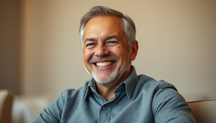 Middle-aged man smiling warmly indoors, soft natural lighting.
