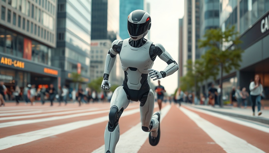 Futuristic humanoid robot running a marathon with spectators.