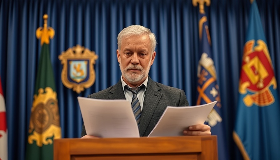 Mature man at podium, adjusting papers, emblematic backdrop.
