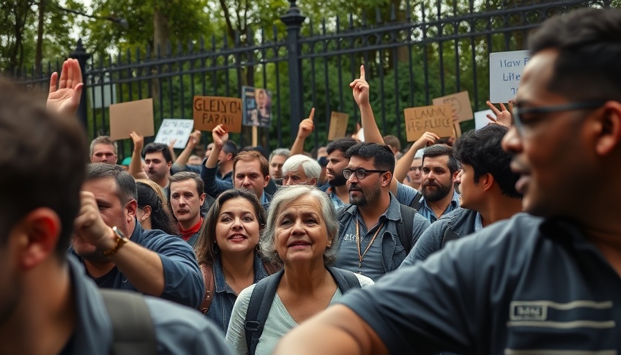 Protesters gather with signs near white building, supporting democracy.