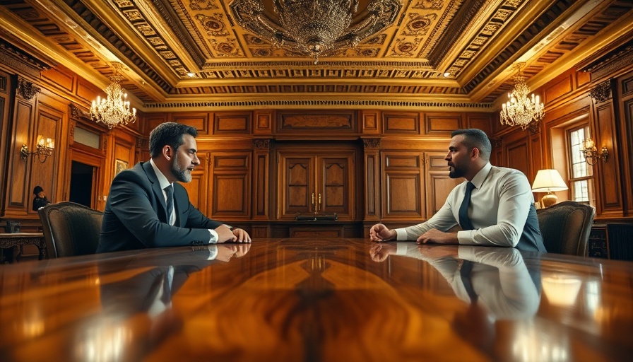 Men discussing at a large table in an ornate room.