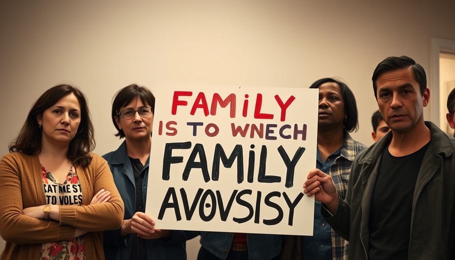 Concerned individuals with protest sign during discussion.