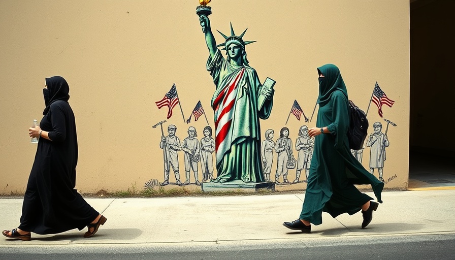 Women walking past mural with Statue of Liberty and political imagery, US Iran nuclear negotiations.
