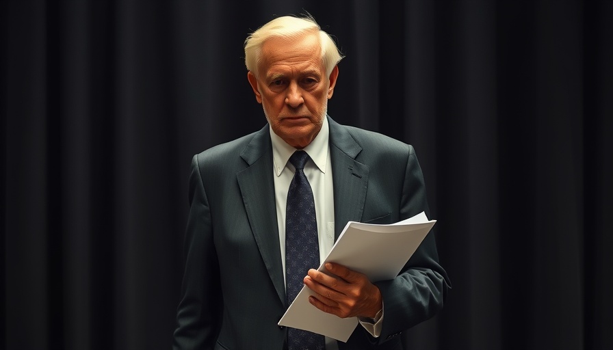 Elderly man in suit looking somber, holding document, dark background.