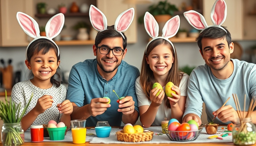 Family enjoying Easter egg painting activities in a cozy kitchen.