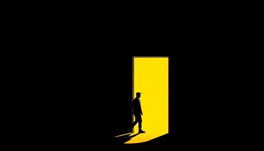 Abstract silhouette person heading towards bright yellow light.